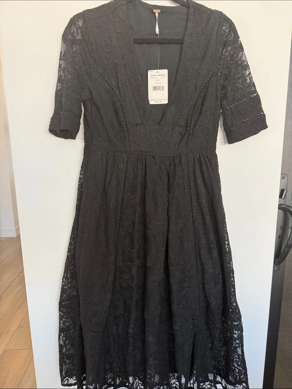 Free People Black Lace V-Neck Midi Dress with Elbow Sleeves